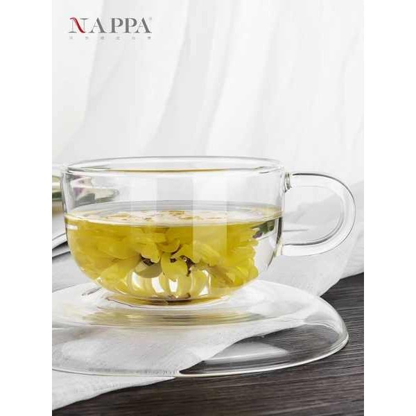 NAPPA耐熱玻璃茶杯家用套裝 簡約玻璃杯水杯咖啡杯碟 透明花茶杯