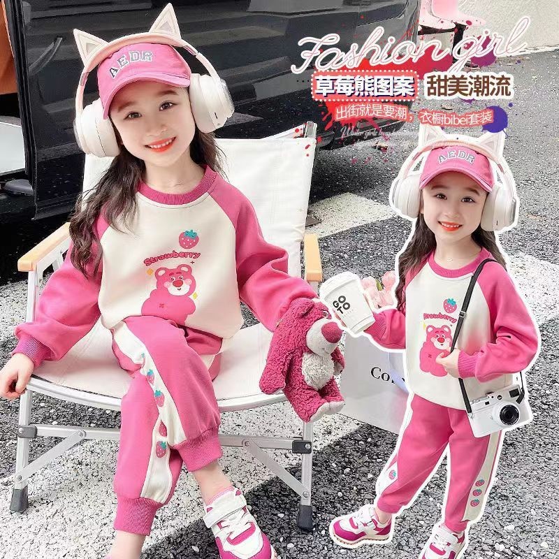 女童套裝 女童粉紅色印花卡通套裝冬季新款中兒童女寶圓領休閒運動兩件套潮 EVW3