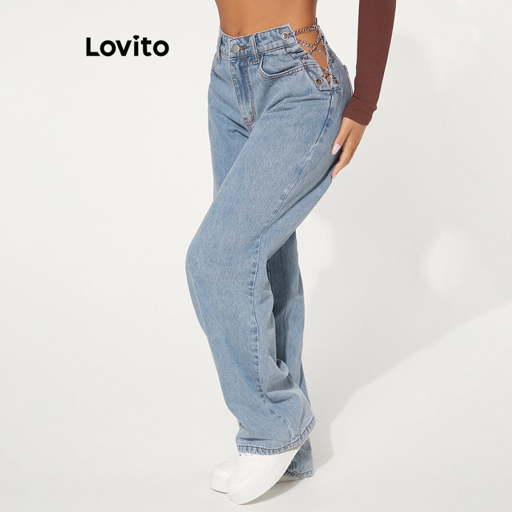 Lovito 休閒素色鏈條水洗牛仔褲 LBL11474
