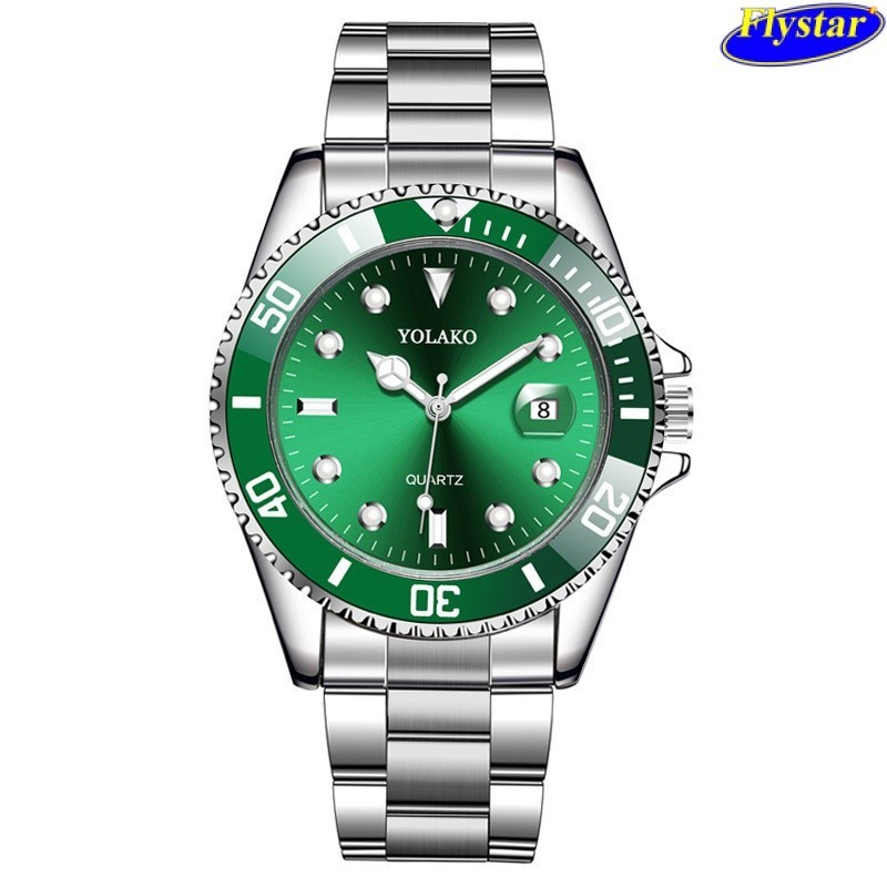 工廠批發日曆綠水鬼手錶男士男表鋼帶款石英男表腕錶