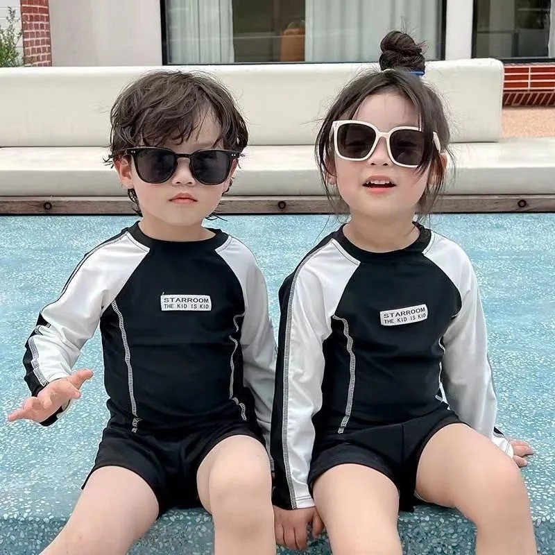 兒童泳衣男童2024新款套裝兩件式中兒童寶寶長袖度假泡溫泉泳裝