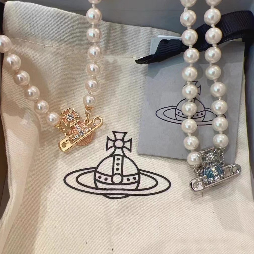 Vivienne Westwood 別針土星烤漆珍珠項鍊 優美典典烤漆別針珍珠項鍊
