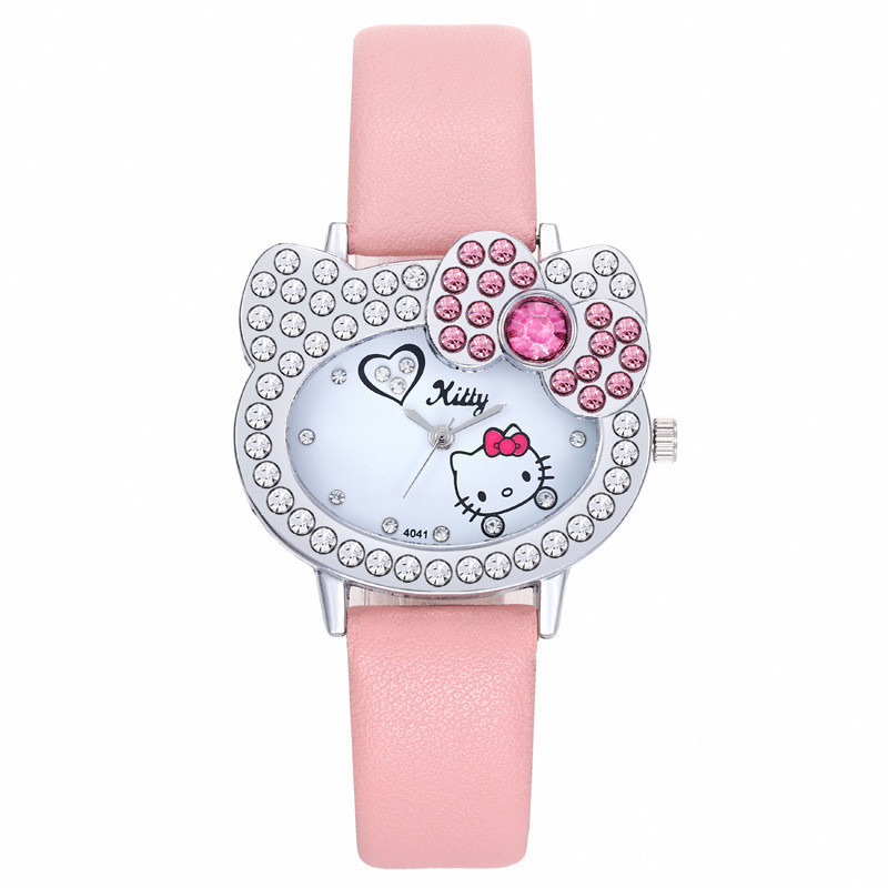 Kitty兒童手錶學生手錶鑽石蝴蝶結皮錶帶女錶卡通hello kitty磁鐵手錶兒童錶