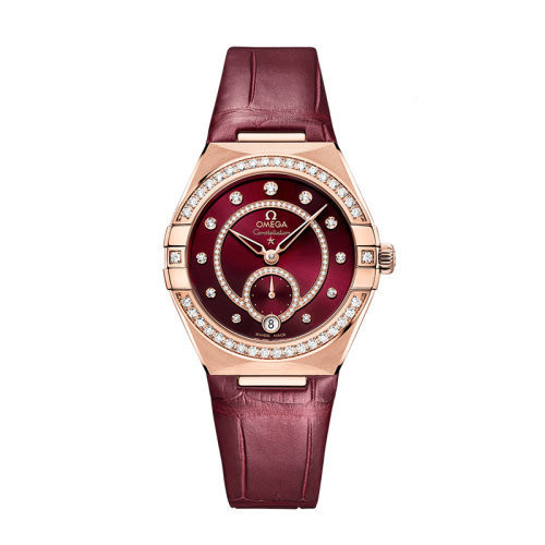上鍊殼女士機芯星座 金錶34腕錶紅色錶盤毫米Sedna自動同軸OMEGA皮錶帶系列 / ⌚Omegafan⌚ Watch