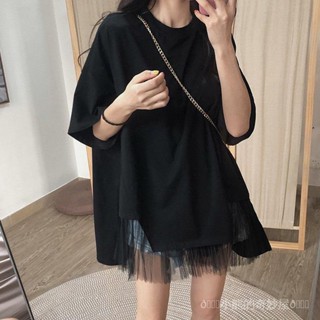 【臺灣出貨】300斤胖mm大碼女裝短袖T恤女加肥ins潮寬鬆百搭拚接網紗半袖上衣大碼女裝 胖妹妹 大尺碼