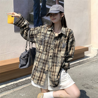 M-4XL BF風格子襯衫 重工扎染做舊水洗外套 大尺碼女裝 寬鬆顯瘦外套 梨形身材 春天女裝