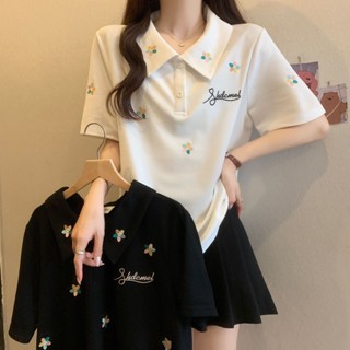 胖胖美依 短袖上衣 T恤 內搭衫 S-4XL重工花朵刺繡polo領上衣夏季新款寬鬆顯瘦上衣-2876.