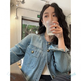 桃園出 特價 複古港風小個子牛仔外套女春鞦設計感小眾顯瘦短款圓領夾剋上衣潮|