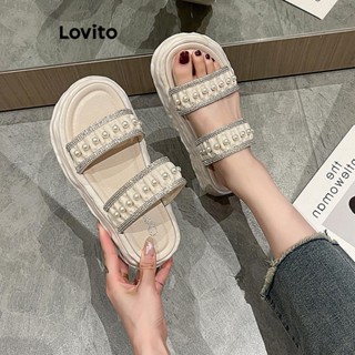 Lovito 休閒素色珍珠水鑽褶皺小香厚底女用防滑平底涼鞋 LFA57202