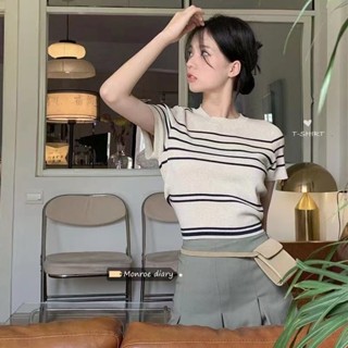 【HOT 本舖】 新款針織衫 別致上衣女 設計感小眾 條紋短袖 薄款t恤 ins潮 冰爽絲 女裝 短版 上衣