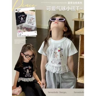 [休閒百搭]2025夏季女童韓版洋氣T恤圓領休閒新款蕾絲卡通印花短袖上衣時尚韓版洋氣潮流百搭舒適休閒小清新高階感淑女風時