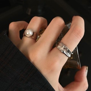 Anna's 重工厚實通體s925銀戒指女ins肌理鑲不規則綠鑽學生指環開口