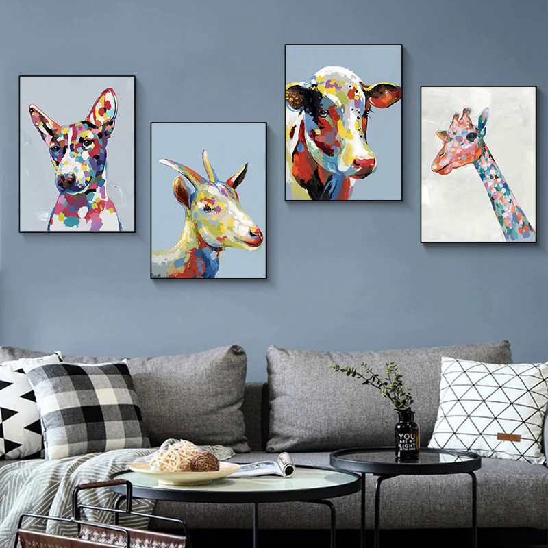 牆壁藝術彩色牛長頸鹿帆布畫抽象動物海報和版畫兒童嬰兒房圖片客廳裝飾