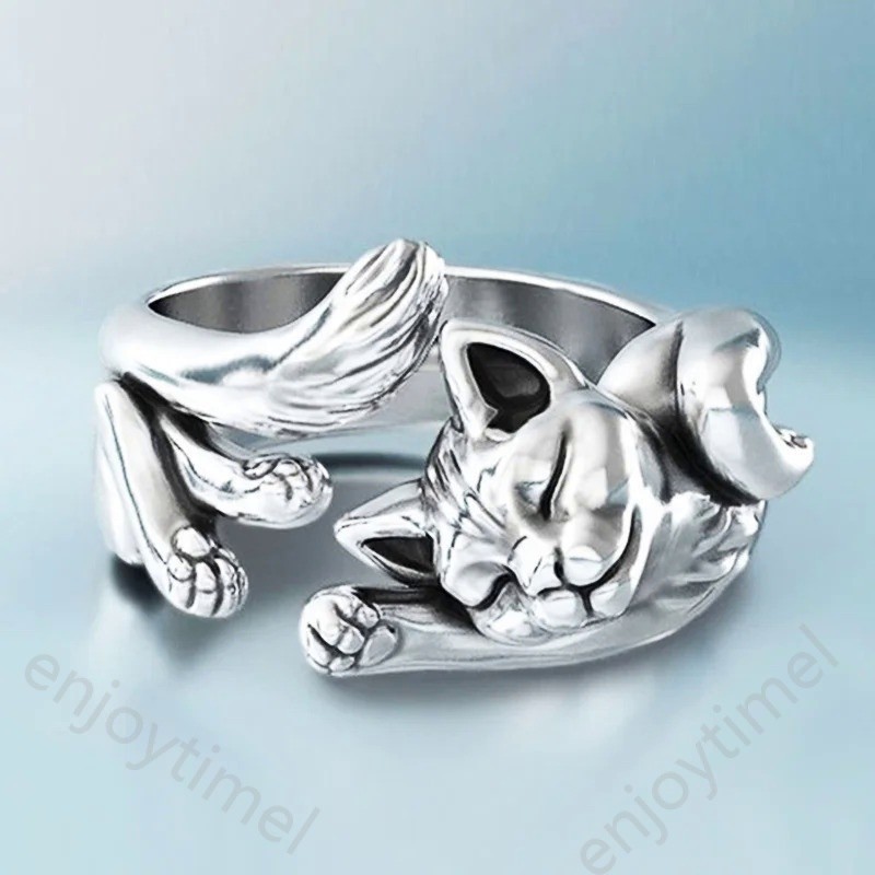 可愛的招財貓形狀開口戒指女士銀色復古青蛙蟾蜍動物精緻手指戒指女孩時尚首飾