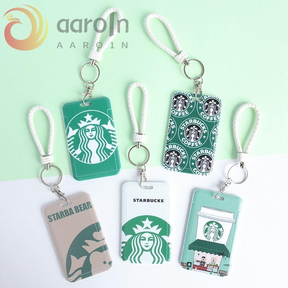 AARO卡通卡片夾可愛卡哇伊咖啡員工卡聚酯帶掛繩的卡座綠色星巴克卡存儲蓋