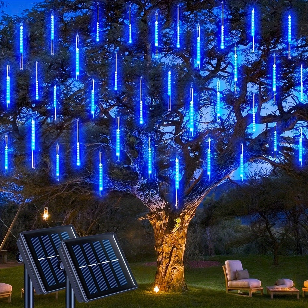 1 套太陽能流星雨燈 - 144 LED 冰柱吊燈,用於戶外聖誕樹裝飾 - 防水太陽能庭院童話燈