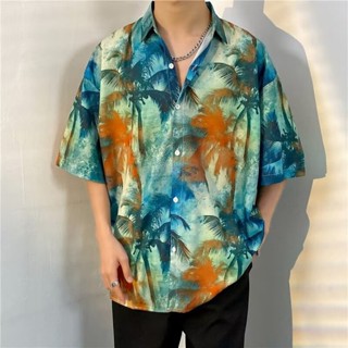 花襯衫新款夏季海邊椰樹印青春原宿風泰國旅遊情侶短袖男