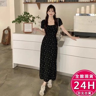 【梨卡】隔日到貨 女裝 洋裝 連身裙 黑色碎花洋裝 性感包臀長裙 方領短袖洋裝 辣妹顯瘦裙子 GA2069【現貨24H】