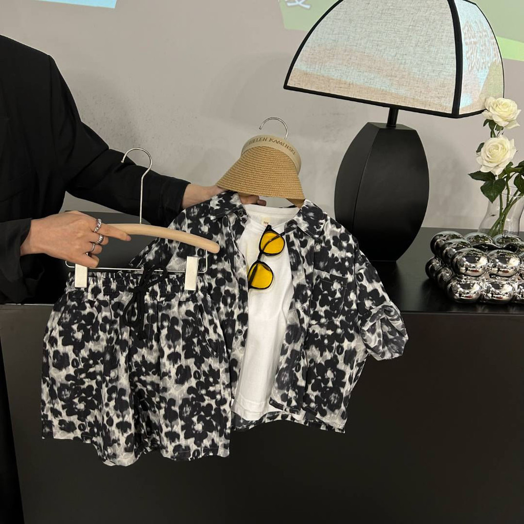 🔥【限時免運】🔥男童雪紡夏季襯衫短袖套裝2024兒童新款兩件套短褲寶寶洋氣豹紋 GOKL