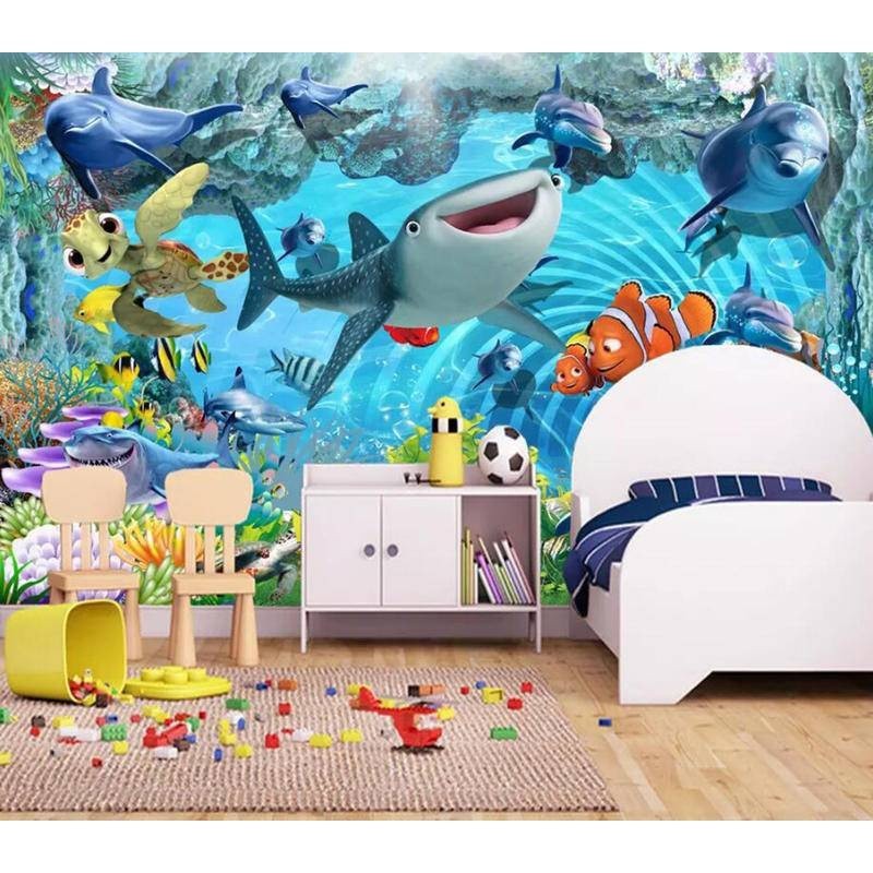 定制壁紙貼紙兒童房3d鯊魚海底世界壁畫壁紙家居裝飾兒童臥室電視沙發背景牆自粘牆紙