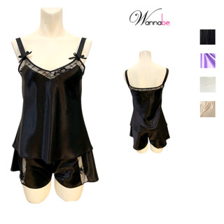 WANNABE 家居服套裝絲綢大腿蕾絲短褲 2cm 露肩上衣蕾絲領蝴蝶結 BSS54