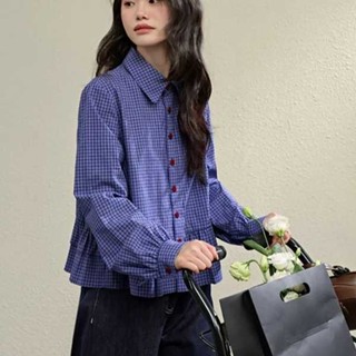 春夏女裝 春天女裝 kuose 闊色miu系藍色格子襯衫女2025春季新款荷葉邊長袖襯衫上衣短版秋