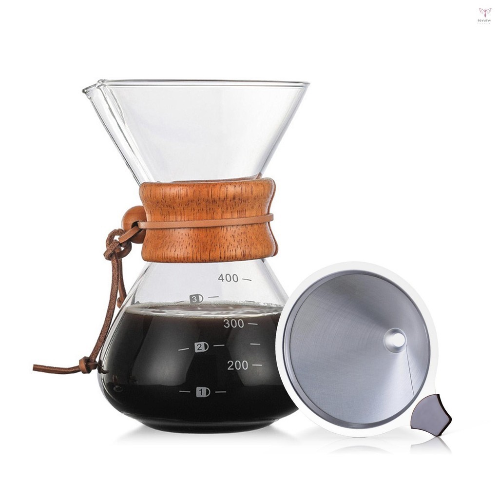 倒咖啡機 14 盎司無紙玻璃水瓶帶不銹鋼過濾器可重複使用玻璃咖啡壺手動咖啡滴頭沖泡器手滴帶木套