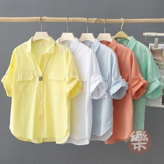 韓系純棉短袖襯衫 素色襯衫 短袖上衣女 夏季衣服 外搭襯衫 設計感上衣 寬鬆上衣 薄款襯衫 夏季襯衫 女生襯衫「樂購」