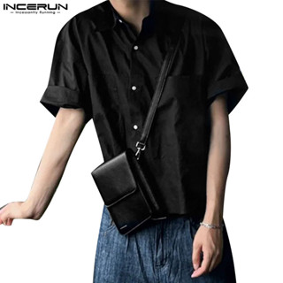 Incerun 男士韓版時尚純色寬鬆短袖休閒襯衫