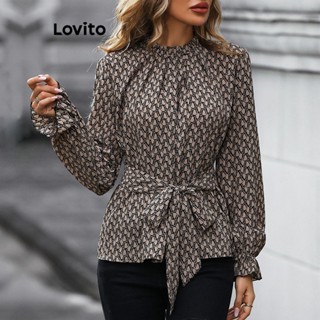 Lovito 女士休閒豹紋抽繩荷葉邊襯衫 LNL57404