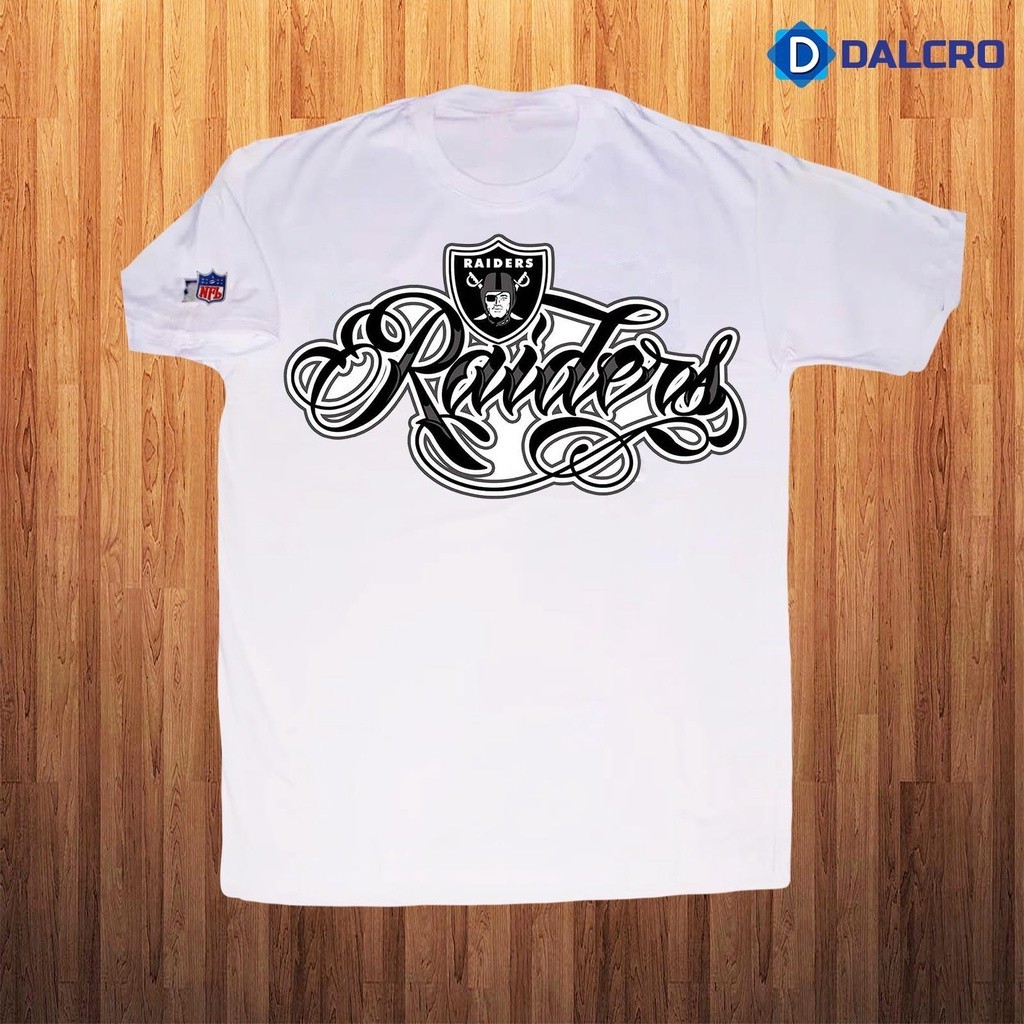 Nfl Oakland Raiders 男士刺繡 T 恤(腳本),橡膠絲網印花設計 T 恤