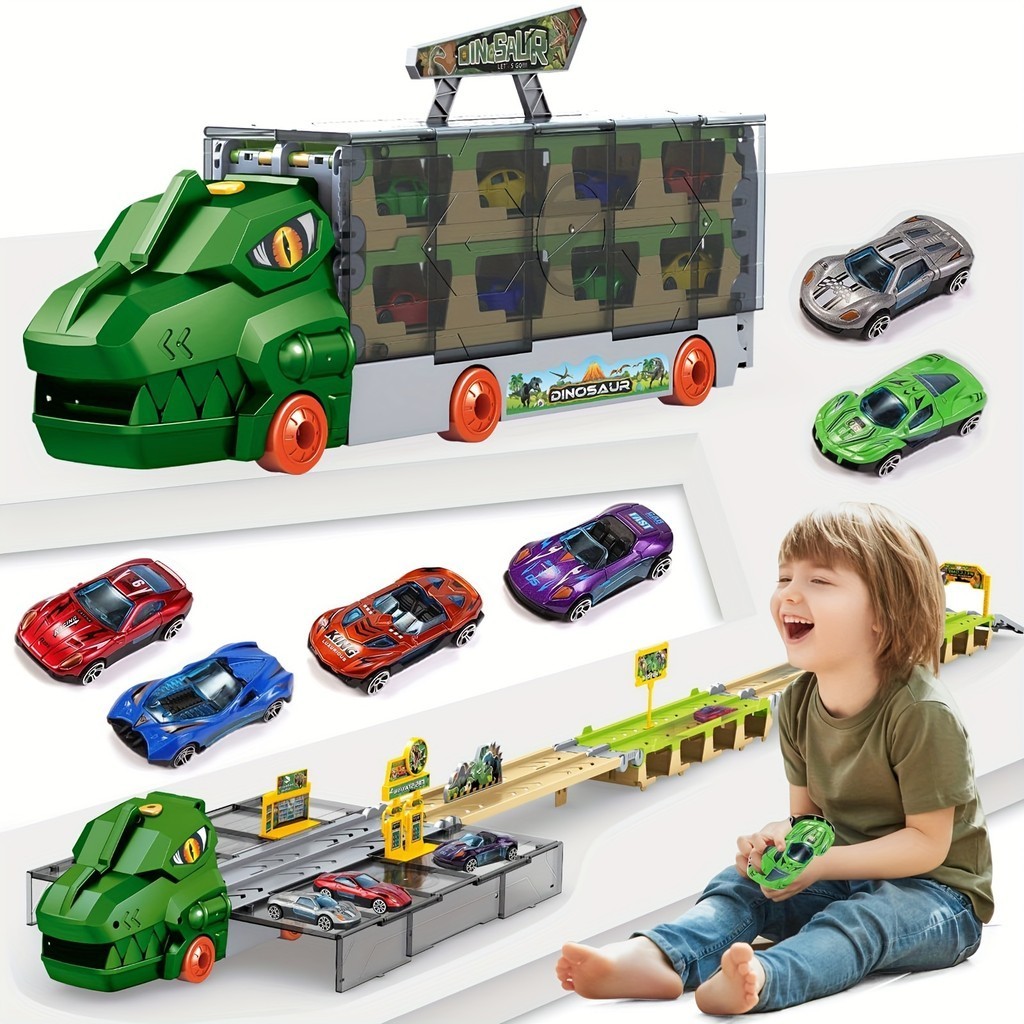 大型收納合金恐龍載貨車玩具運輸折疊軌道彈射車玩具