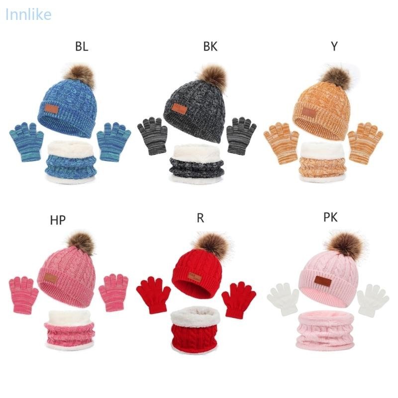 Inn 鉤針針織保暖帽子手套嬰兒帽子手套頸部圍巾套裝適用於嬰幼兒女孩男孩 1-5 歲套裝嬰兒用品