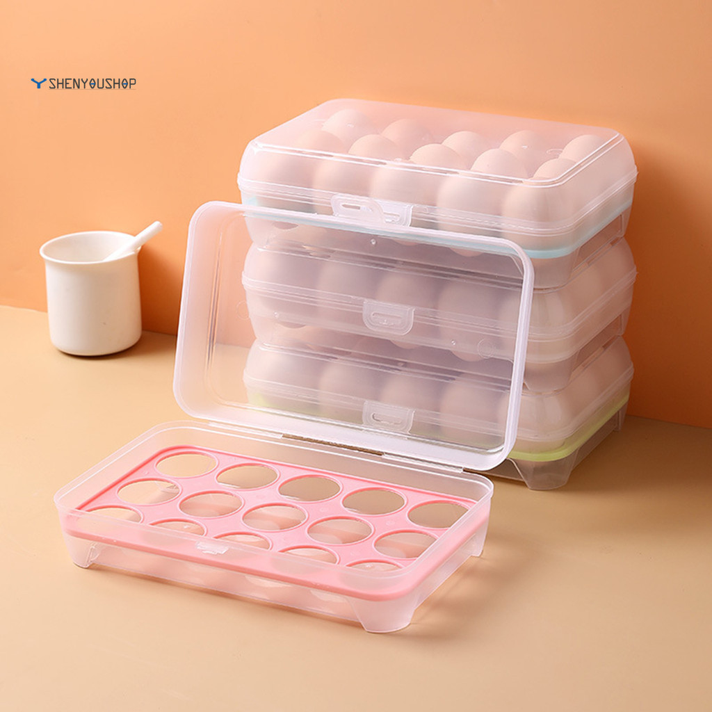 SHENYOU 廚房15格冰箱雞蛋盒保鮮盒塑膠便攜食品收納收納盒透明蛋託盒子
