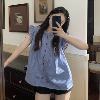 ❤️ad女裝 短袖 襯衫女 法式設計感甜美小飛袖藍色格子襯衫女夏季複古別緻荷葉邊無袖上衣