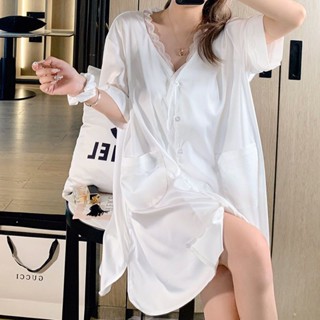 胖胖美依 套裝 睡衣 家居服 睡裙夏季冰絲蕾絲花邊白襯衫睡衣雪紡高級感家居服-3978.