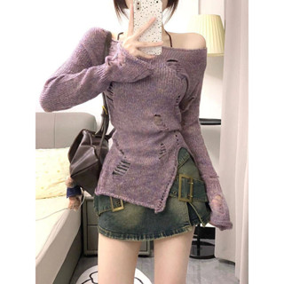 【時光服飾】【7329人好評】灰色鏤空針織衫女早春季薄款設計感防曬罩衫寬鬆長袖開叉破洞上衣