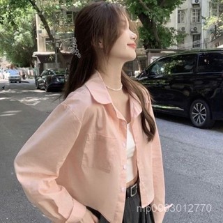 BA【限時特賣】 襯衫女 女生襯衫 襯衫外套 防曬外套 韓版襯衫 2024短款襯衫女夏季小個子百搭寬鬆休閒長袖上衣防曬開