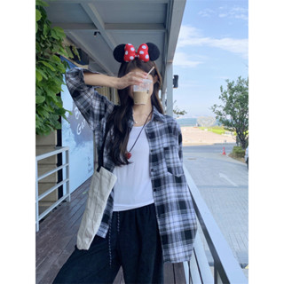 【HOT 本舖】 實拍 美式復古撞色黃藍格子設計感襯衫外套女春季新款寬鬆上衣