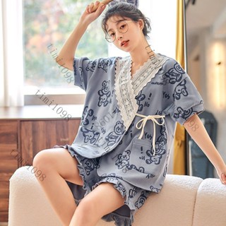 👍限時特賣#夏季日式和服短袖純棉睡衣女夏天女士汗蒸服短褲可外穿傢居服套裝