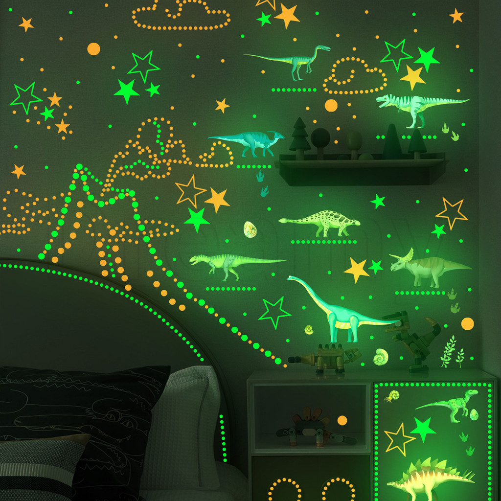 夜光恐龍星星圓點貼紙 - 在黑暗中發光牆貼 - 兒童房壁紙裝飾 - 可拆卸、防水、自粘 - 卡通 DIY 貼花