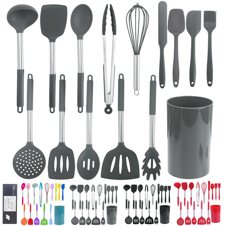 黑色不鏽鋼矽膠手柄廚具15件套 裝收納桶廚房工具鏟勺