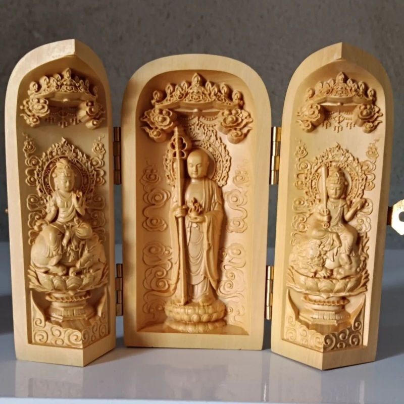 地藏王菩薩文殊菩薩普賢菩薩三開黃楊木雕佛像便攜隨身佛盒