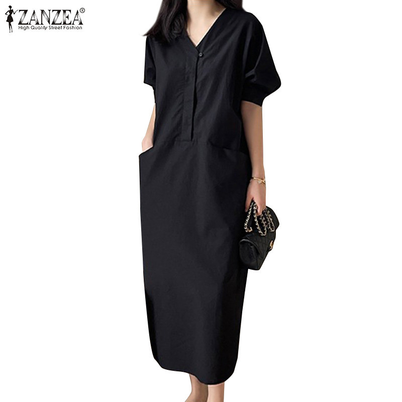 Zanzea 女式韓版休閒 V 領短袖純色 H 形連衣裙