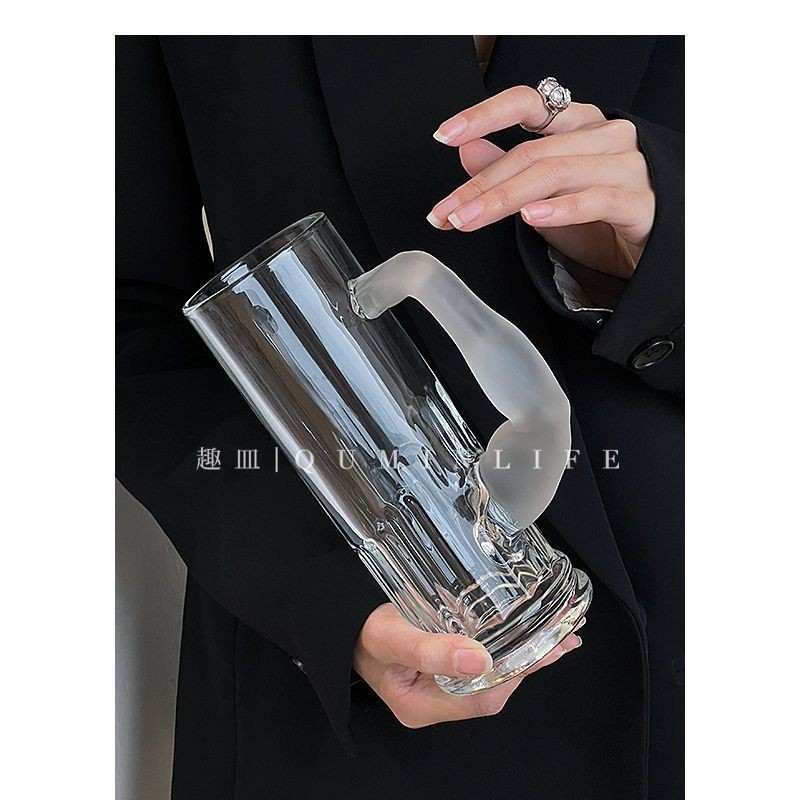 Qumin 大力士手把杯大容量水手果汁杯帶把手小眾高顏值玻璃杯水杯