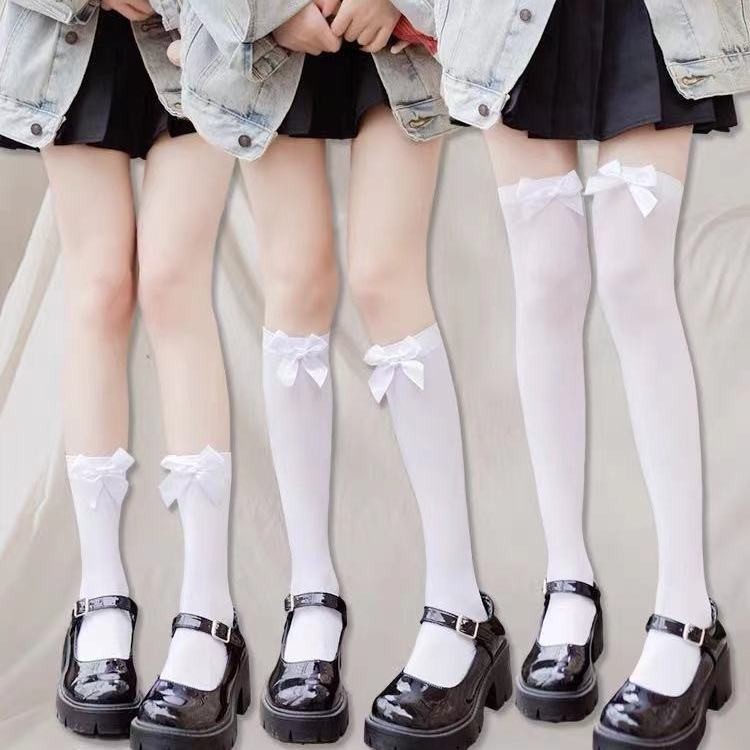 夏季薄款日系可愛襪子 女中筒襪jk制服絲襪蝴蝶結白色過膝襪