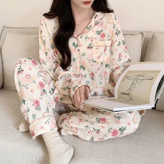 清晰柔軟透氣甜美花園小兔日系睡衣少女卡通長袖大尺碼韓系薄款顯瘦