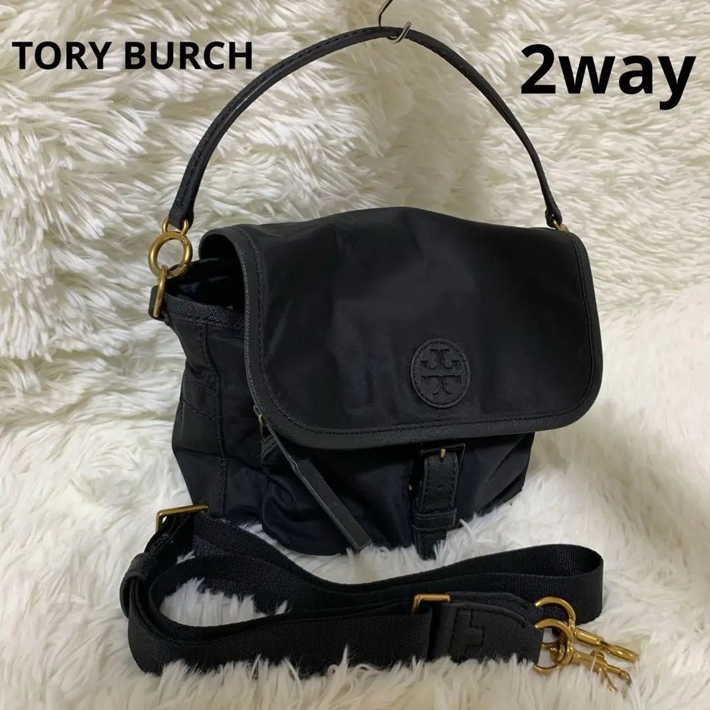 TORY BURCH 肩背包 兩用 尼龍 皮革 黑色 日本直送 二手