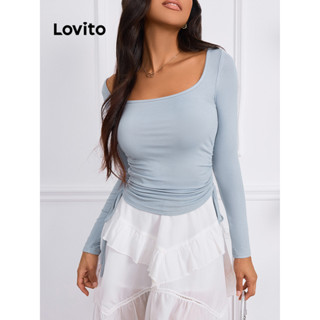 Lovito 女款休閒素色褶飾T恤 LBL12433