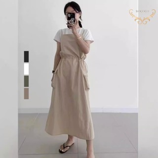 【洛可可】日系多口袋工裝背心裙 女裝 洋裝 復古氣質吊帶裙 大口袋抽繩收腰長裙 長洋裝 背心裙 連身裙【RO294F】